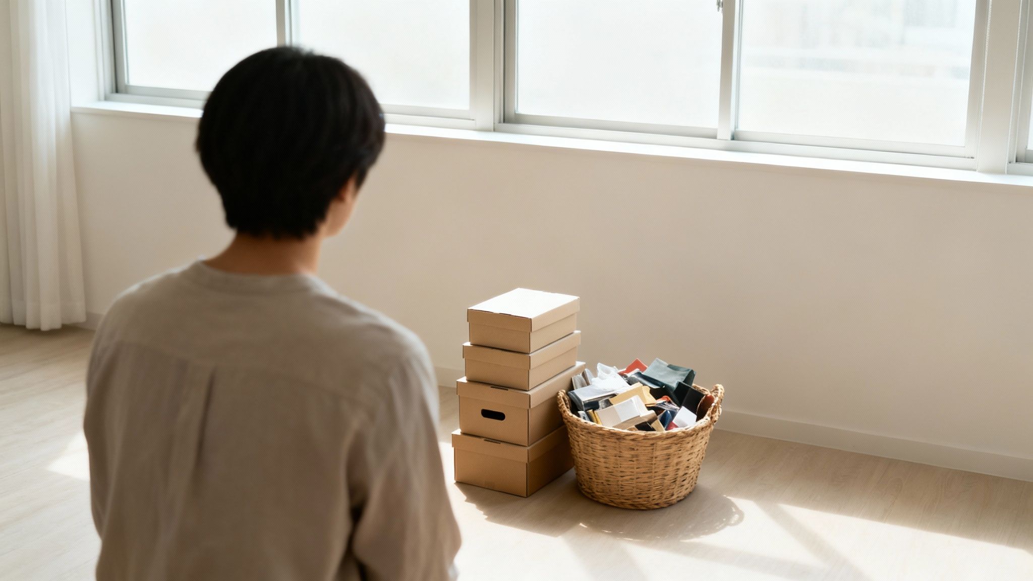 A person views moving boxes and a basket of sorted items in a bright, minimalist room.