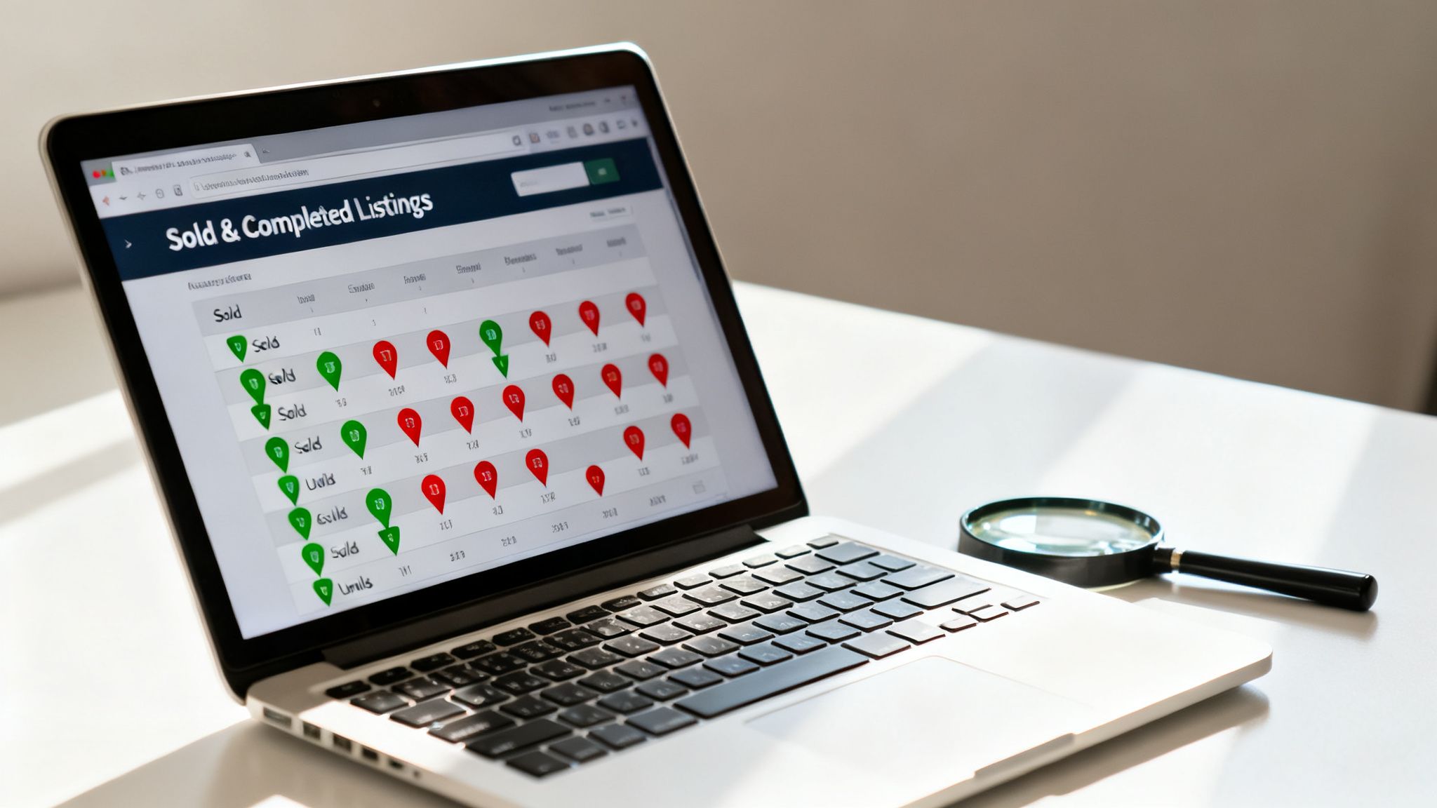 Laptop screen showing "Sold & Completed Listings" table with green and red pins, next to a magnifying glass on a white desk.