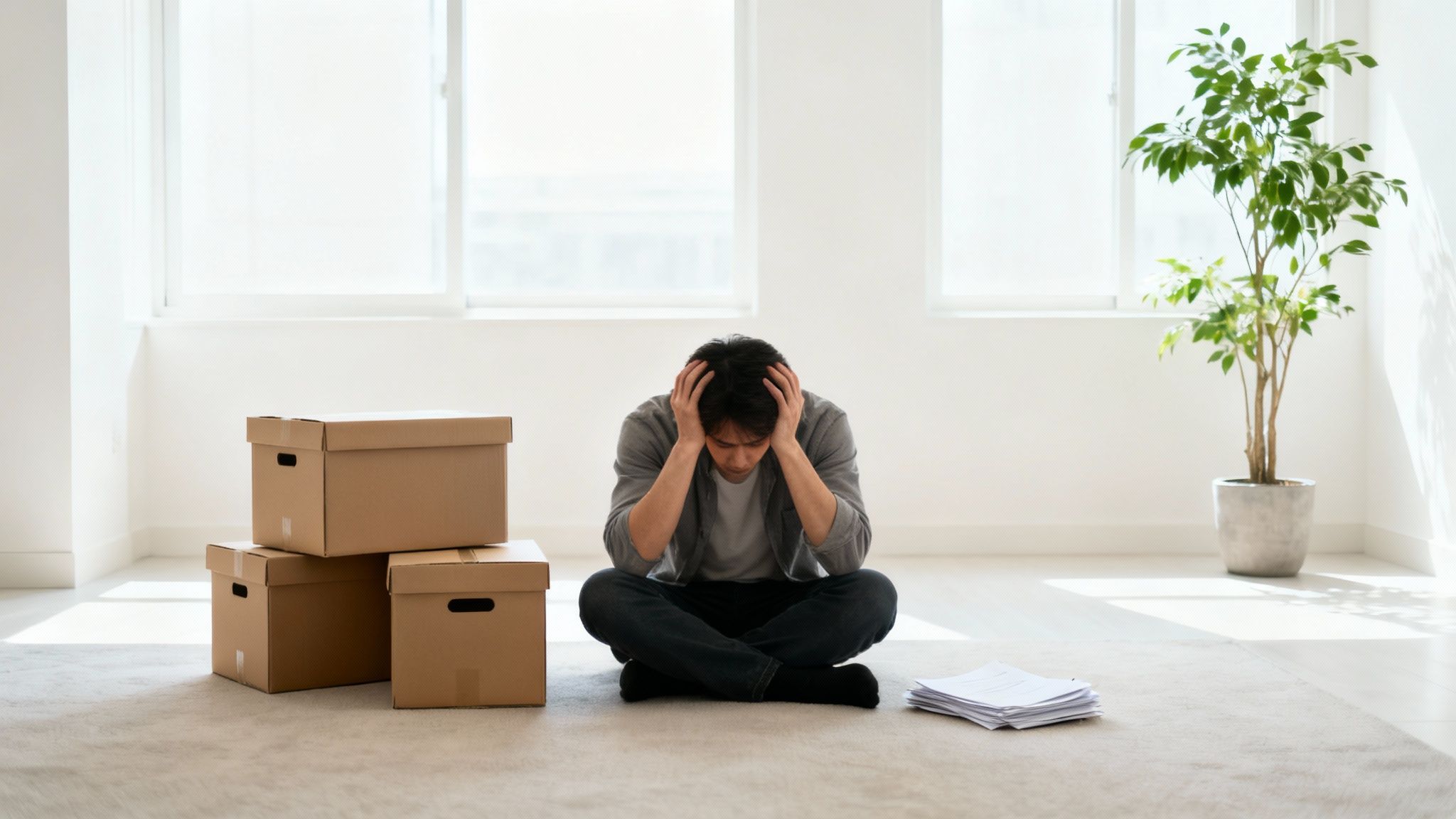 A distressed man sits on the floor surrounded by moving boxes and papers, looking overwhelmed.