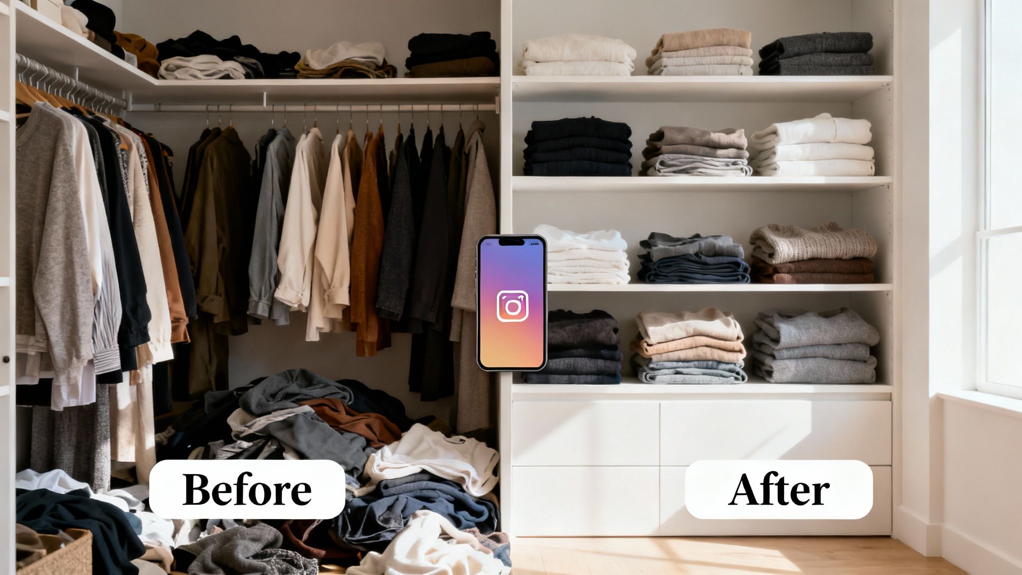 Before and after image showing a messy closet versus a neatly organized closet with folded clothes.