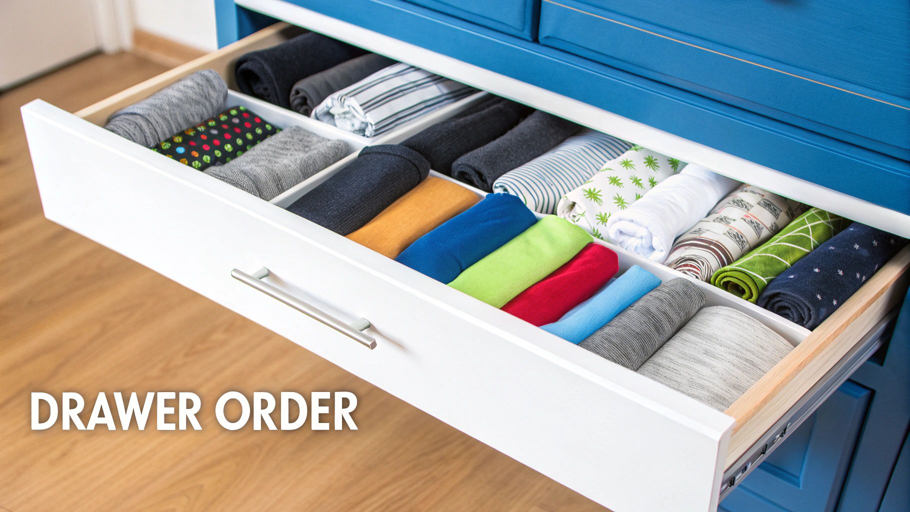 A perfectly organized dresser drawer filled with colorful rolled clothes and fabric dividers.