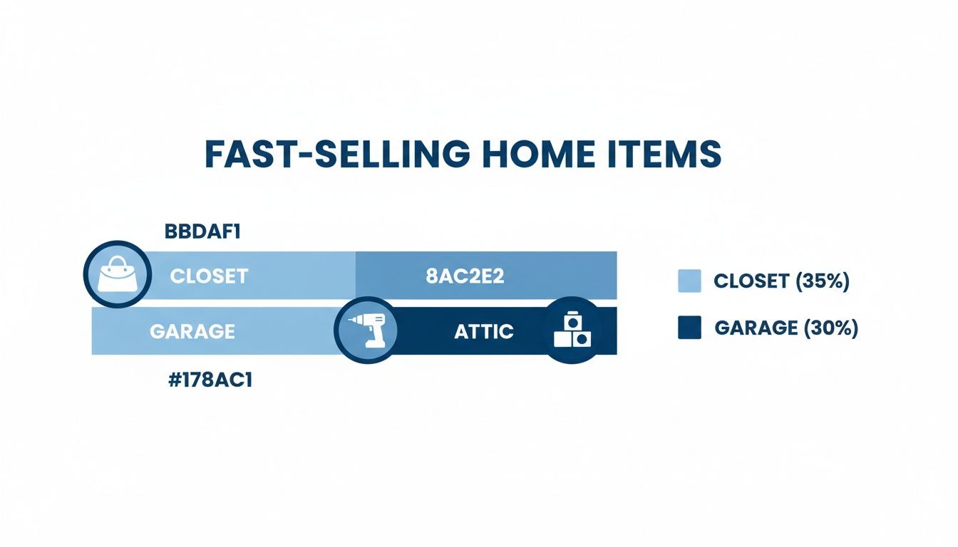 Infographic displaying fast-selling home items from closet, garage, and attic with percentages.