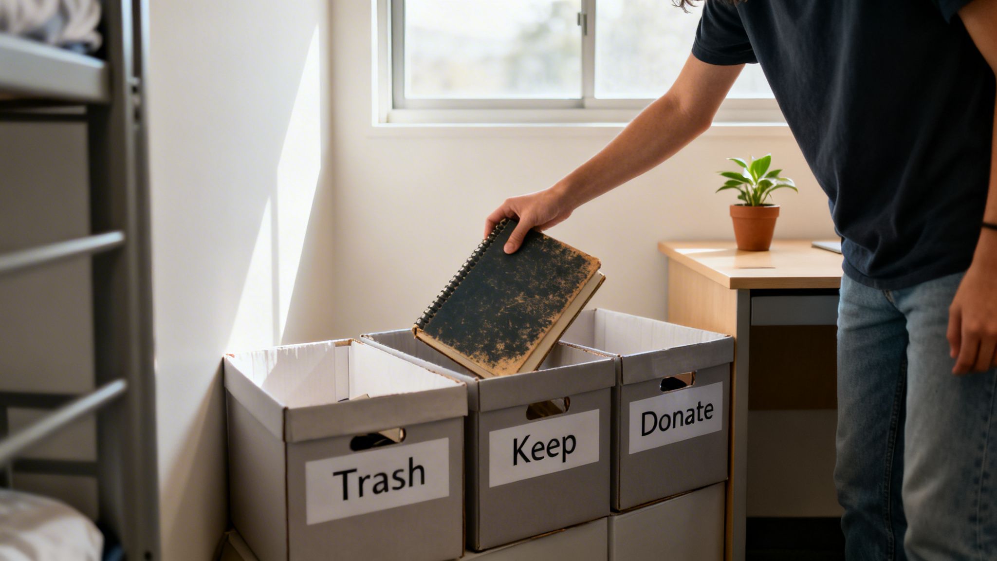 A person sorts belongings into three labeled boxes: 'Trash', 'Keep', and 'Donate', placing an old notebook into the 'Keep' box.