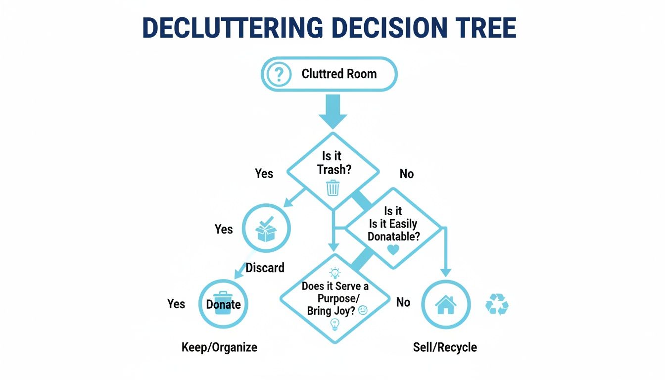 A step-by-step decluttering decision tree helps decide whether to discard, donate, keep, sell, or recycle items.