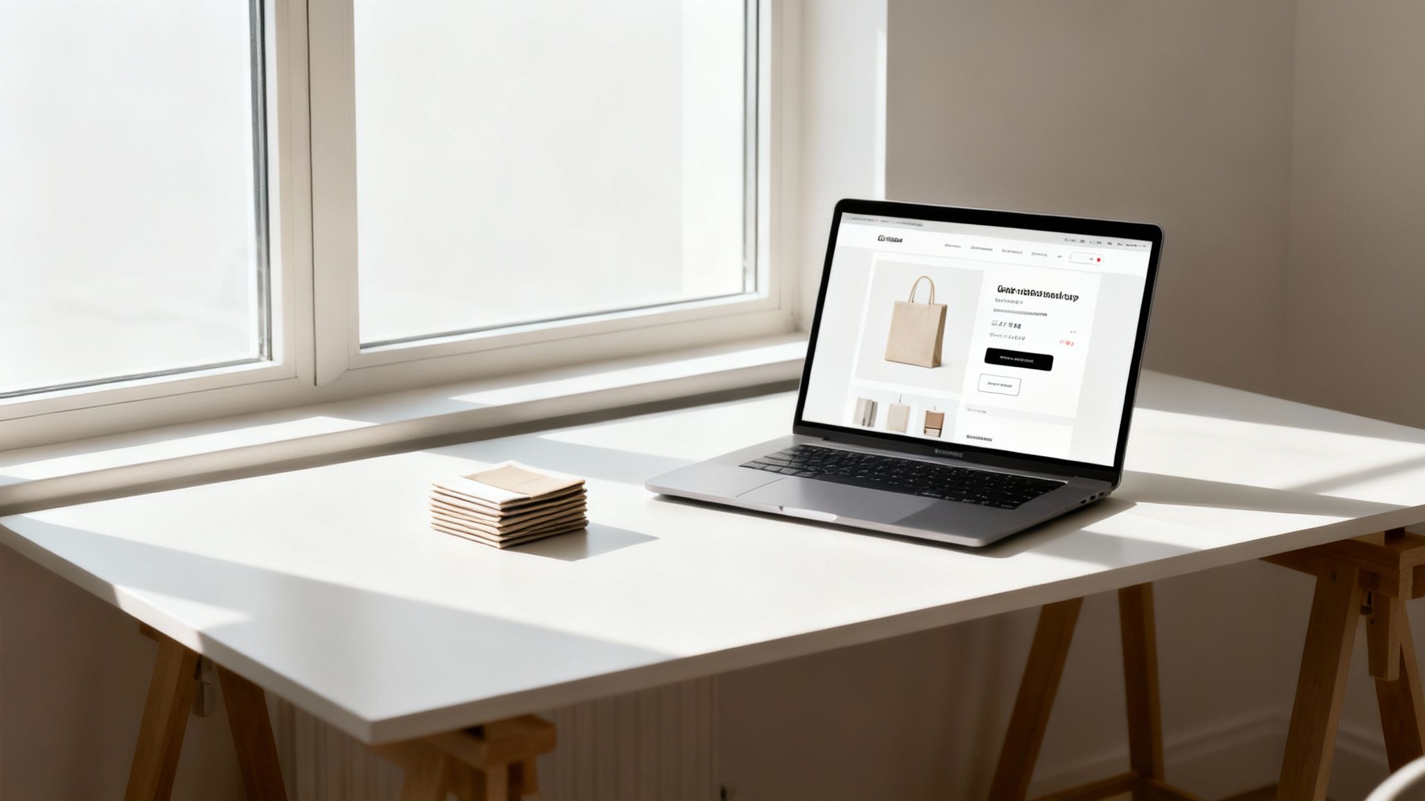 A laptop on a bright white desk displays an online store with a paper bag, near a window.