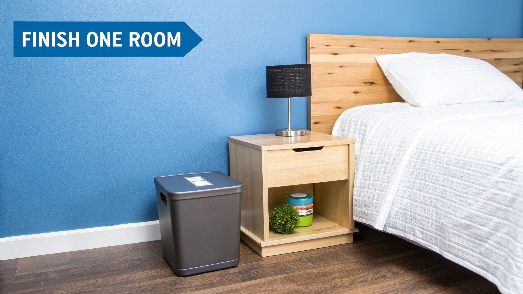 A tidy bedroom with a blue wall, a wooden bed, white bedding, a nightstand, and a trash can, emphasizing finishing one room.