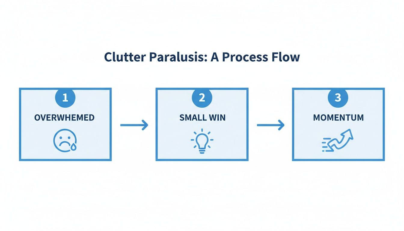 A process flow diagram illustrating how to overcome clutter paralysis, from feeling overwhelmed to gaining momentum.