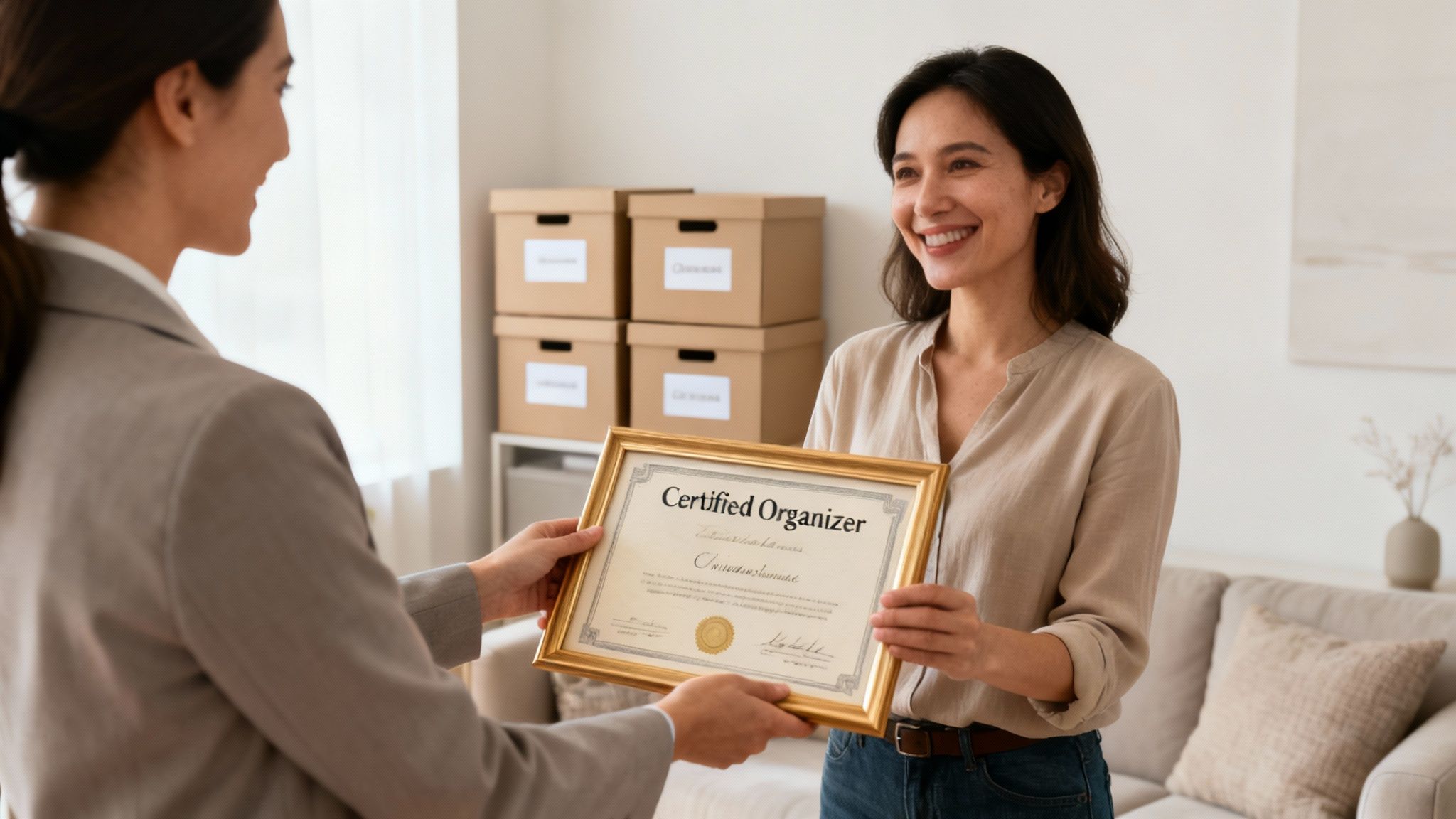 Smiling woman proudly receives her 'Certified Organizer' certificate in a home setting.