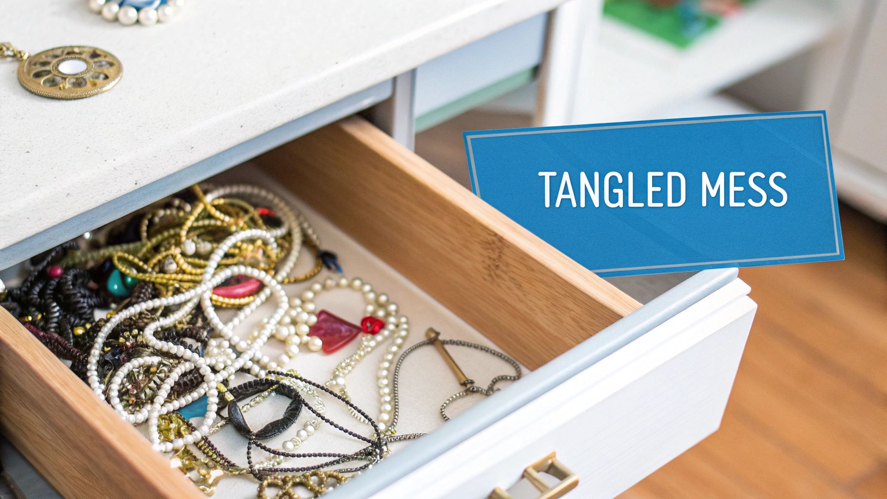 An open drawer reveals a large, tangled mess of various gold, silver, and beaded necklaces.