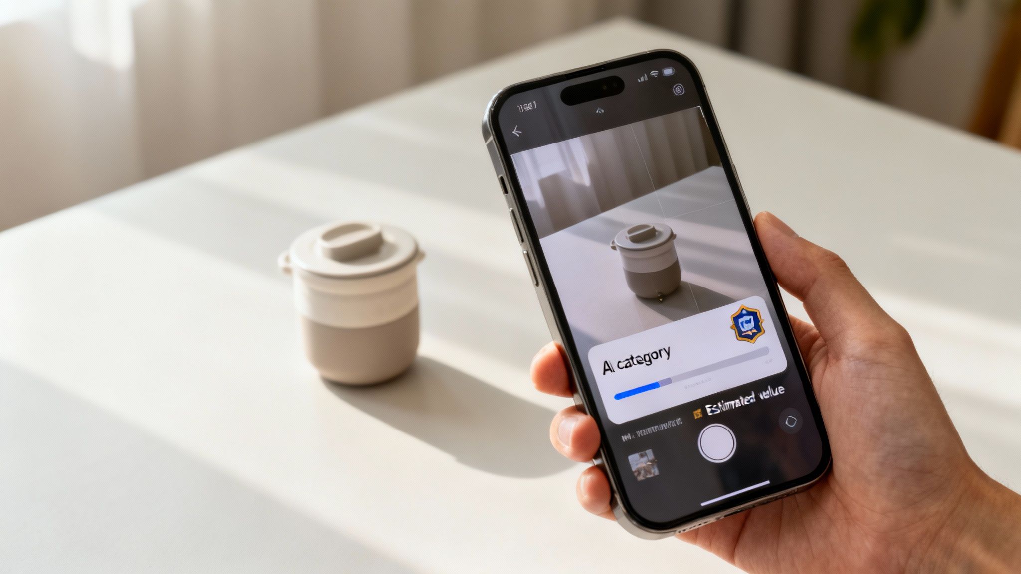 A hand holds a smartphone scanning a two-toned container, displaying AI category and estimated value.