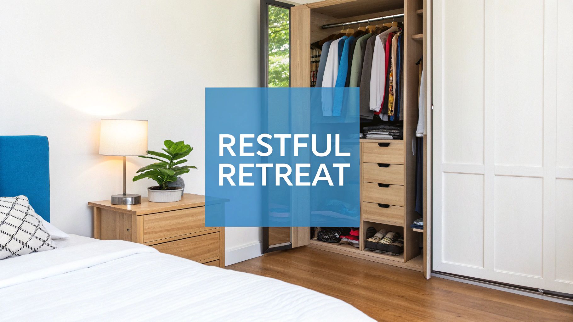 A cozy bedroom featuring a white bed, blue headboard, and an organized open closet.