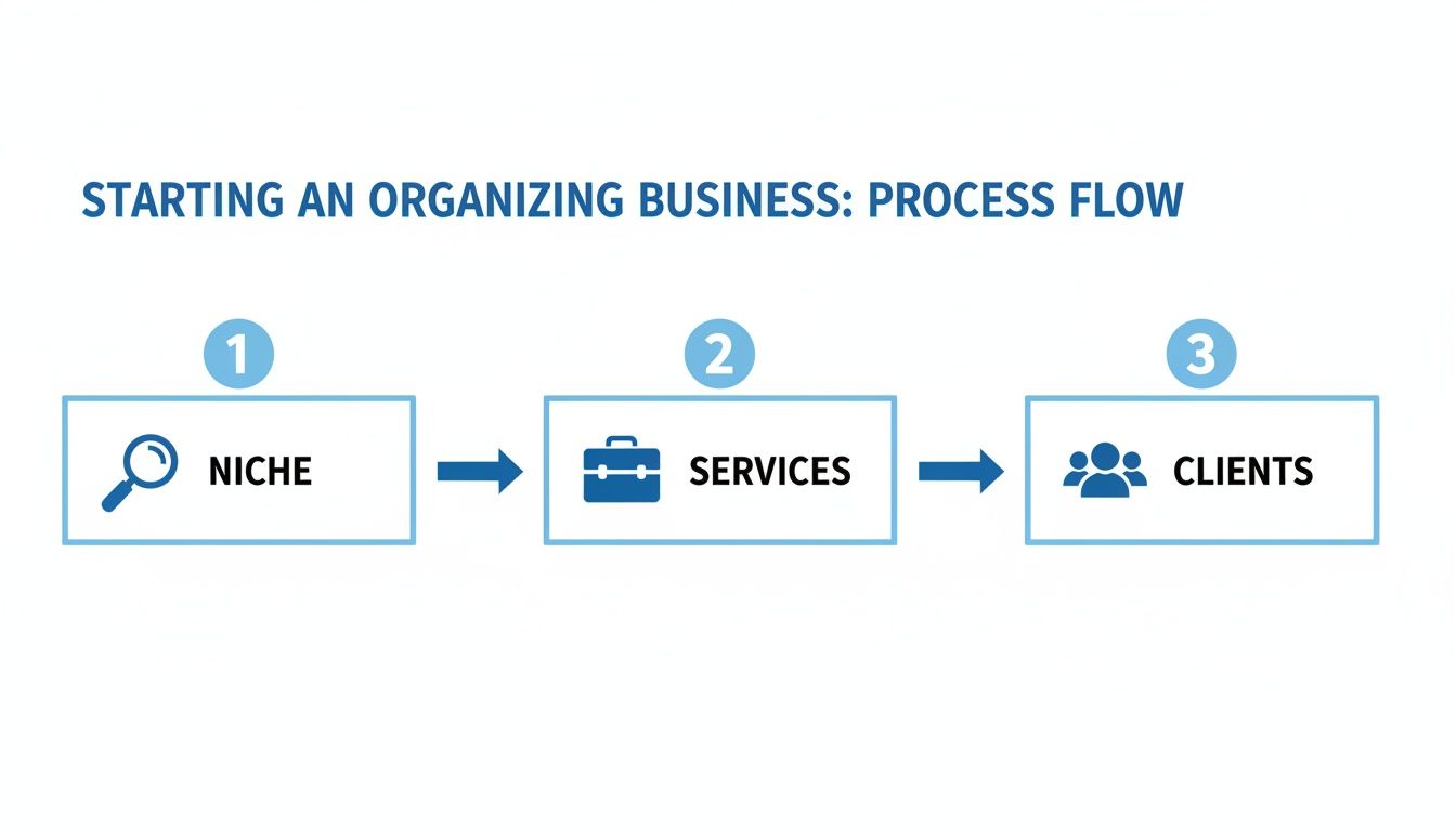 A three-step process flow for starting an organizing business: Niche, Services, and Clients, connected by arrows.