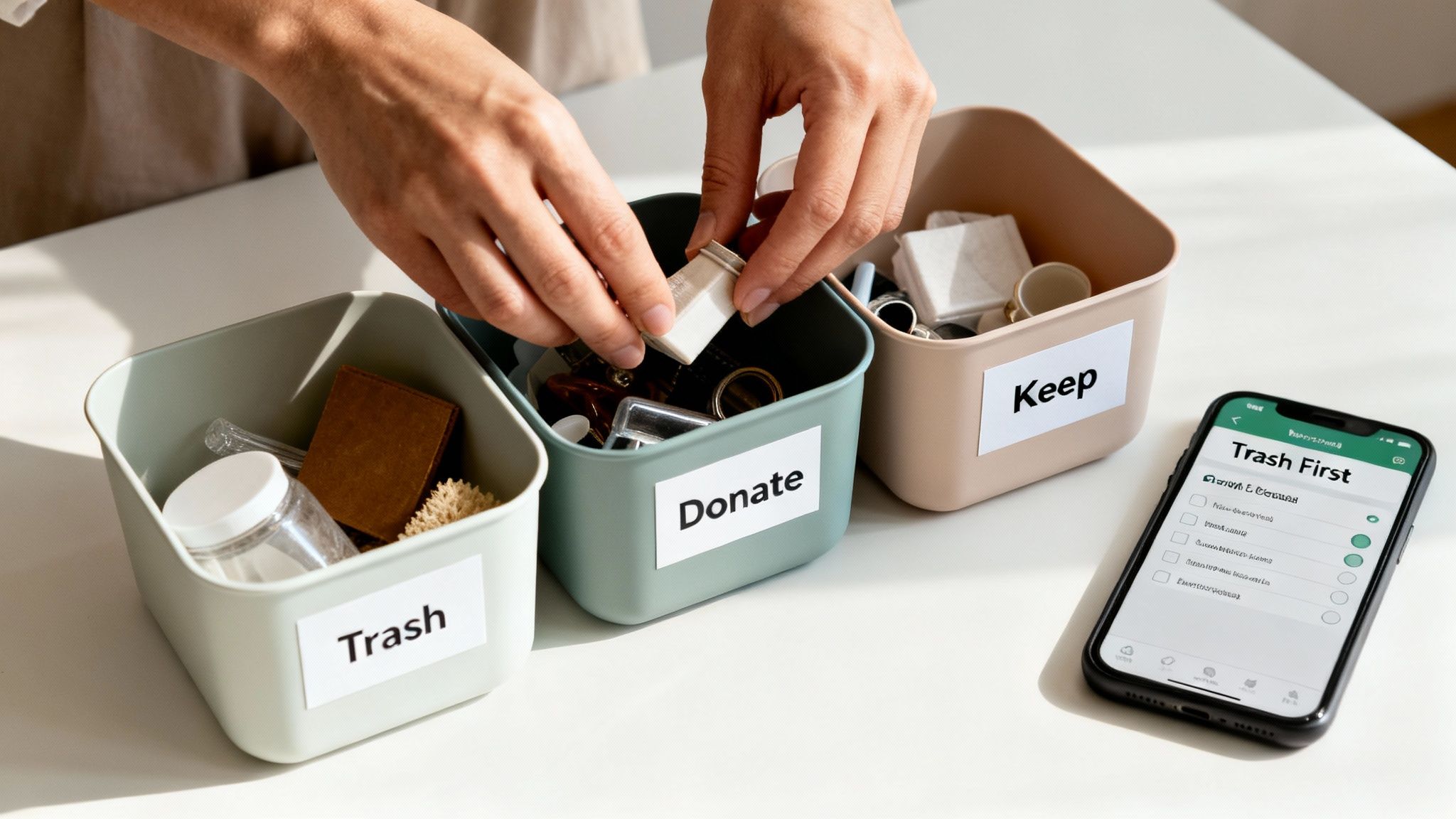 A person sorting various items into three labeled bins for trash, donation, and keeping, next to a smartphone.