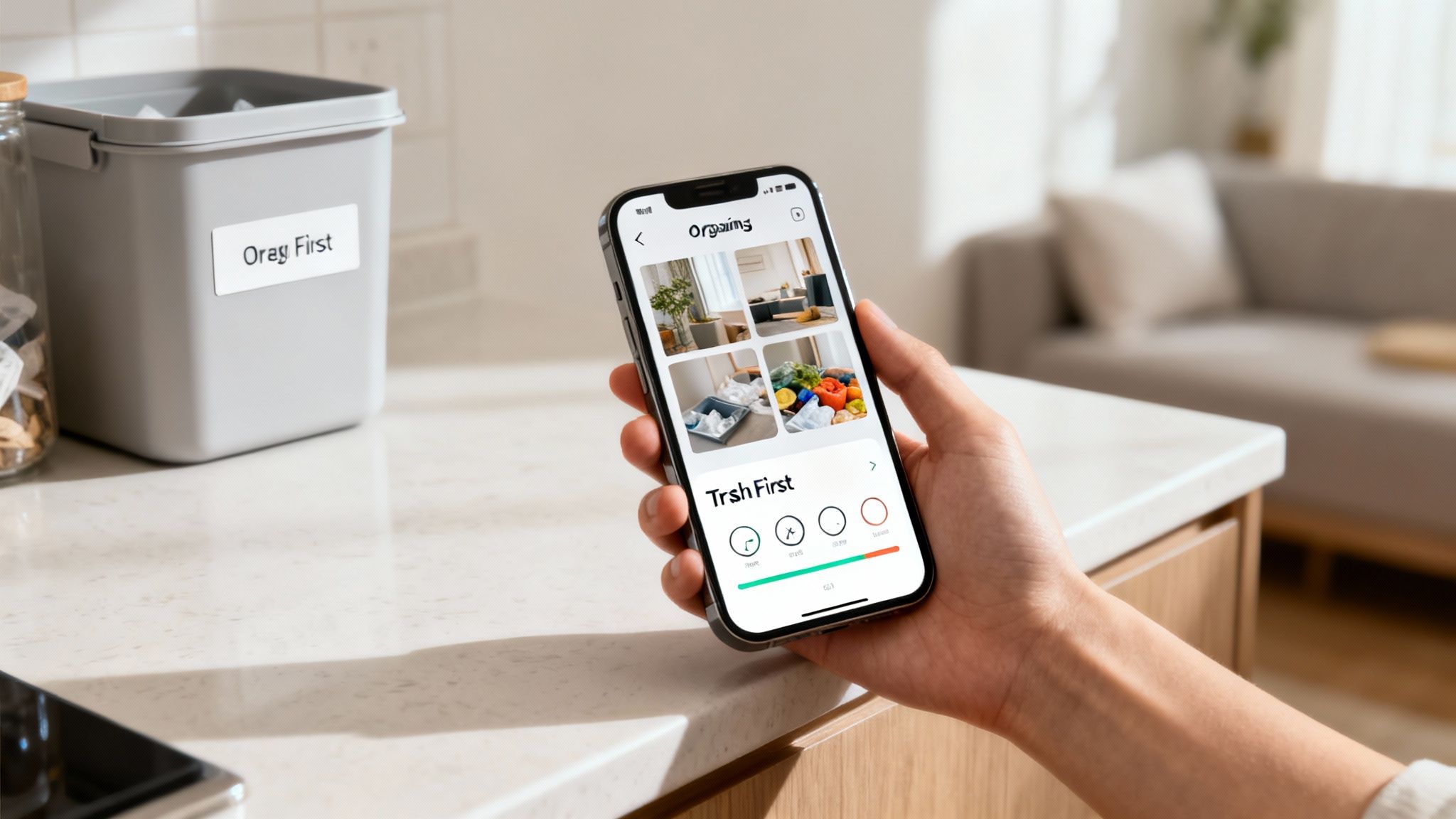 A hand holding a smartphone showing an organizing app next to a labeled gray bin in a kitchen.