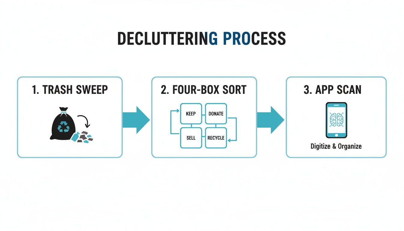 A three-step decluttering process infographic showing trash sweep, four-box sort, and app scan.