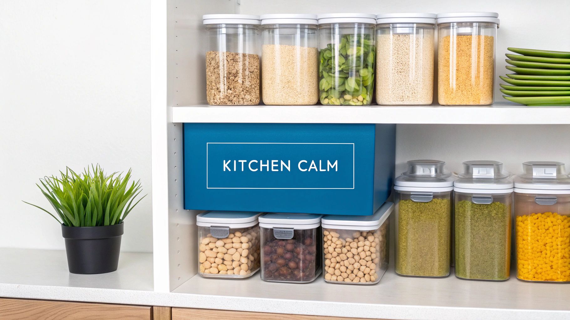 Organized white kitchen pantry shelves filled with clear storage containers of dry food items and a blue 'KITCHEN CALM' box.