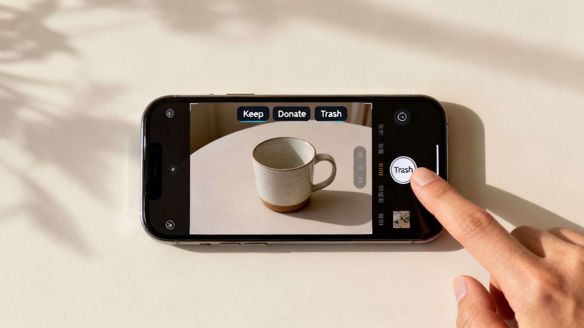 A person uses a smartphone to categorize a ceramic mug as 'Trash' in a decluttering app.