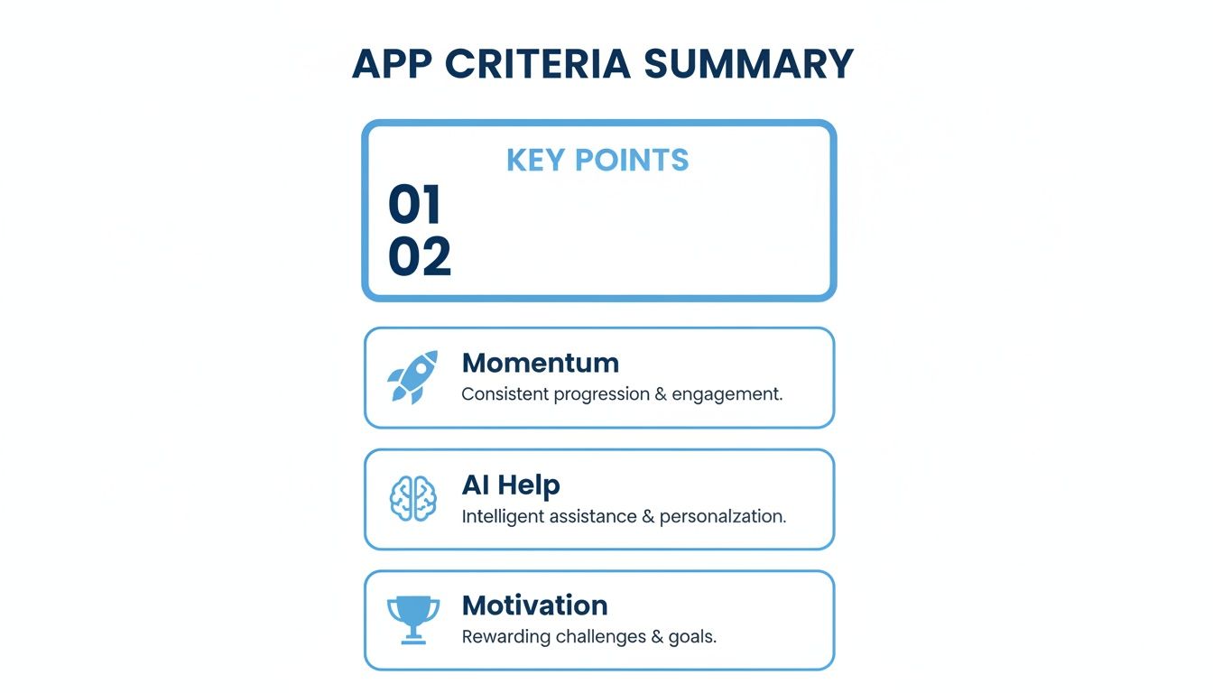 A slide titled 'App Criteria Summary' detailing key points like Momentum, AI Help, and Motivation with icons.