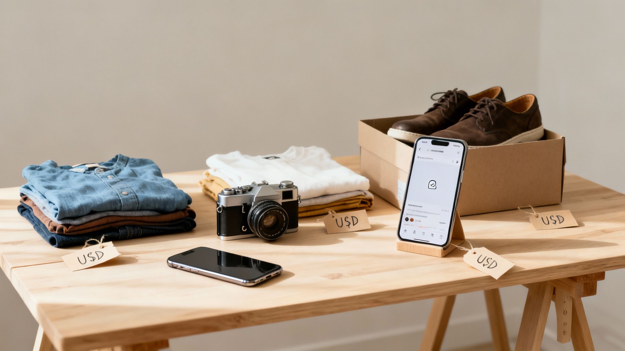 Folded clothes, shoes, a vintage camera, and a phone with 'USD' price tags on a wooden table.