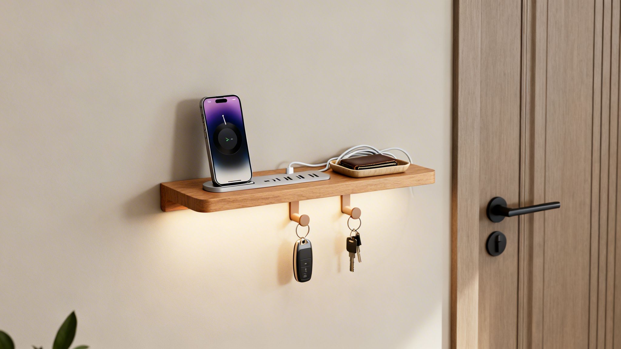 A wooden entryway shelf with an iPhone charging, a wallet, and keys hanging from hooks.