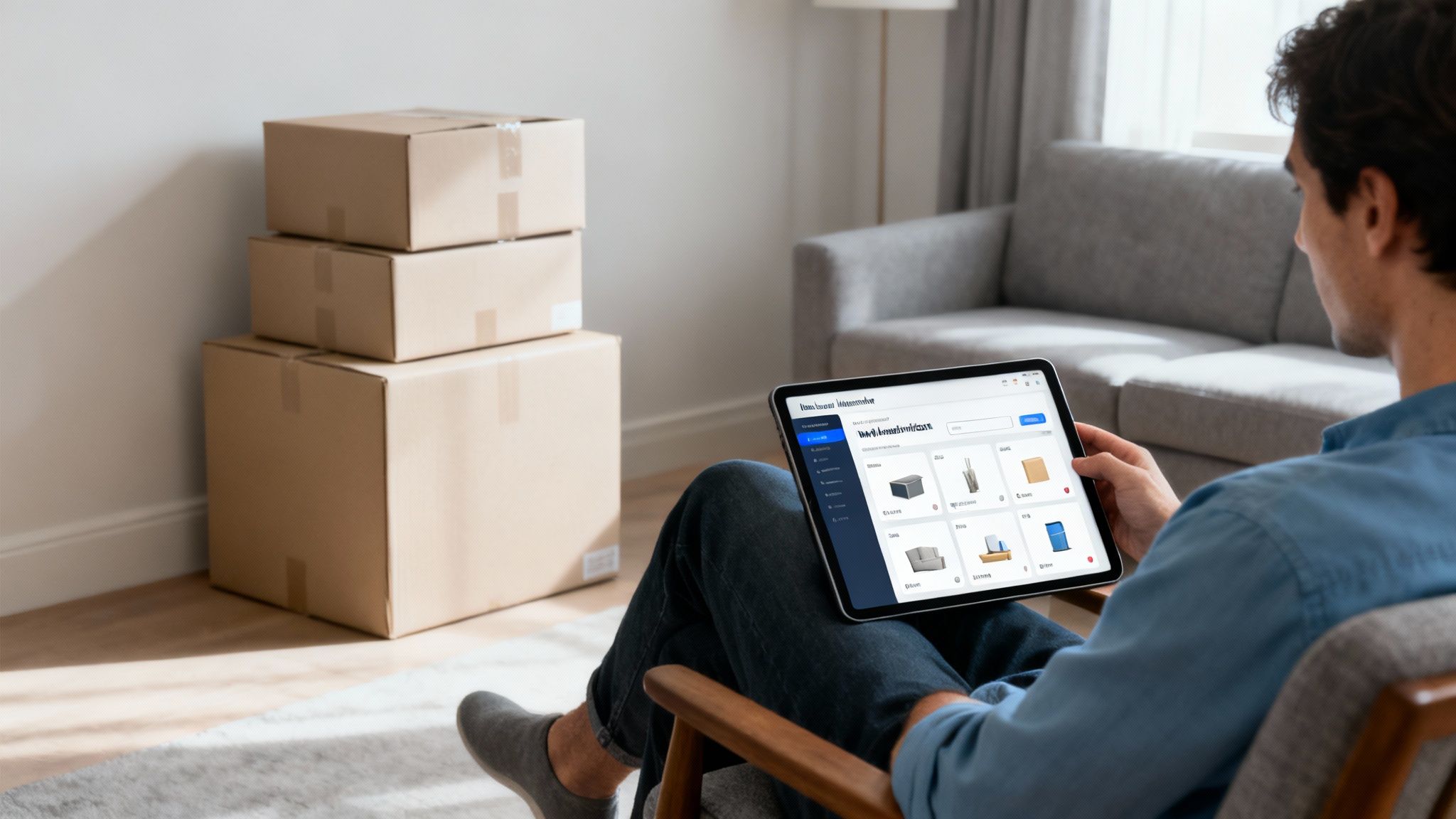 A man uses a tablet to manage home inventory, with moving boxes stacked nearby in a living room.