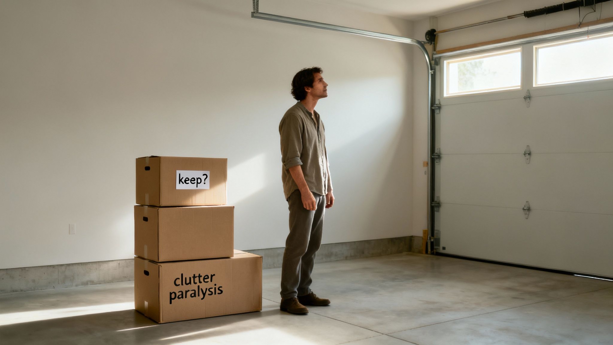 Man contemplating a cluttered garage, with boxes and a thought bubble showing 'clutter paralysis'.