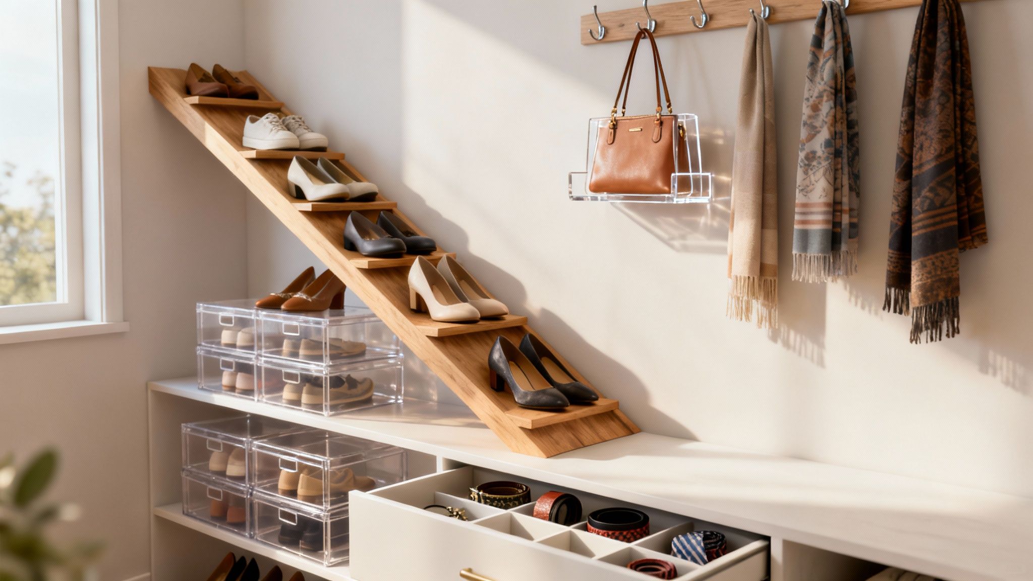 Modern closet with creative shoe storage, clear boxes, and organized accessories, maximizing space.