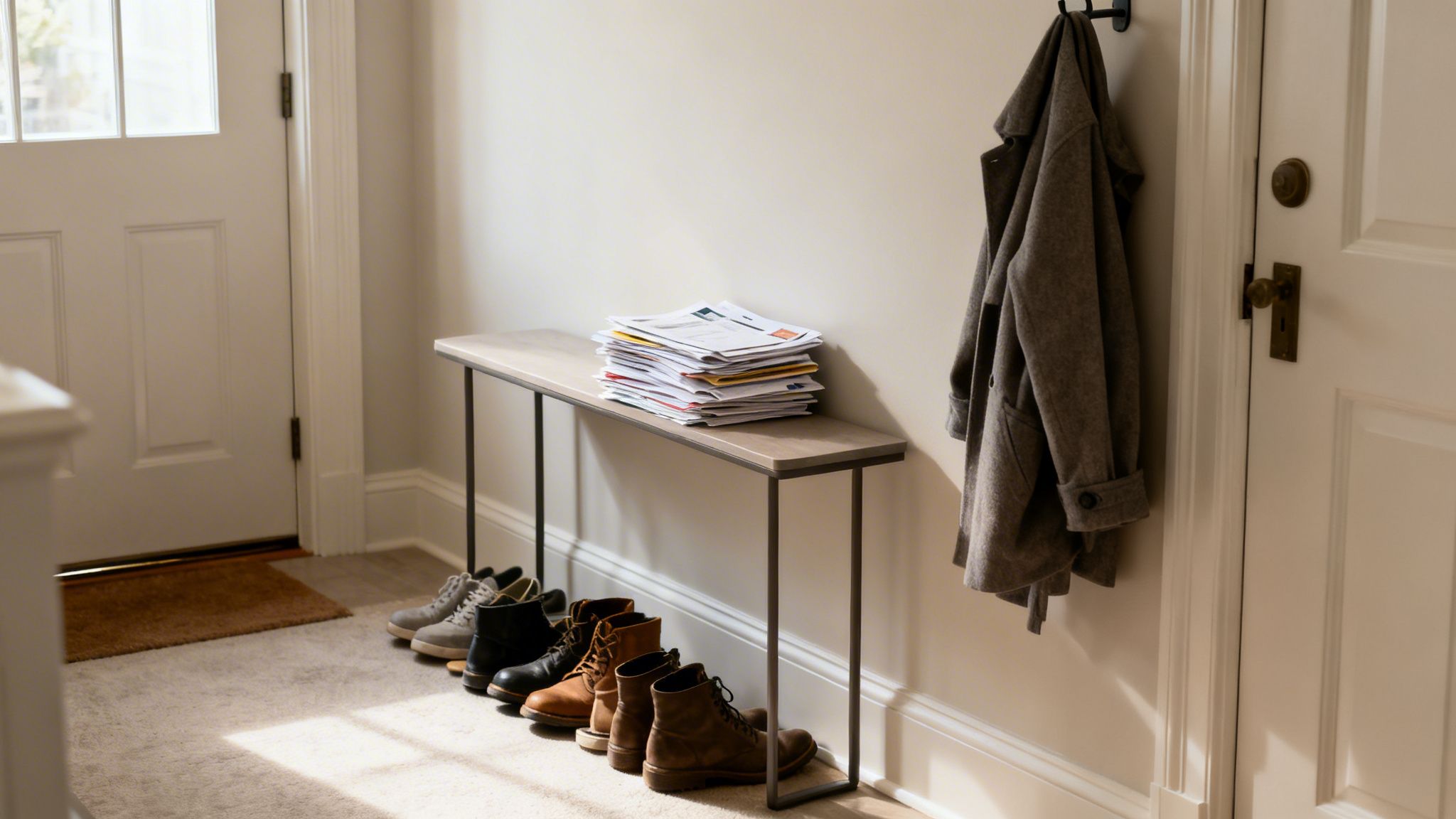 A bright entryway features a console table with stacked mail, several pairs of boots, and a hanging coat.