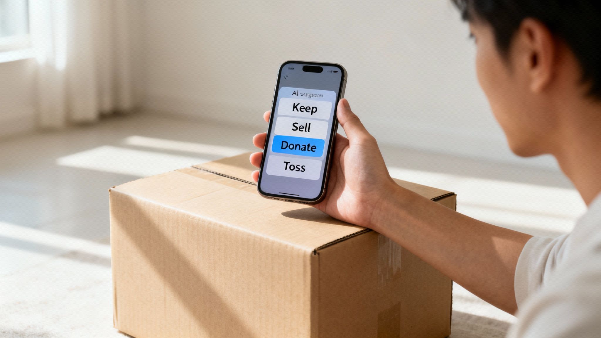 Person using a smartphone app to organize belongings, choosing to donate items from a cardboard box.