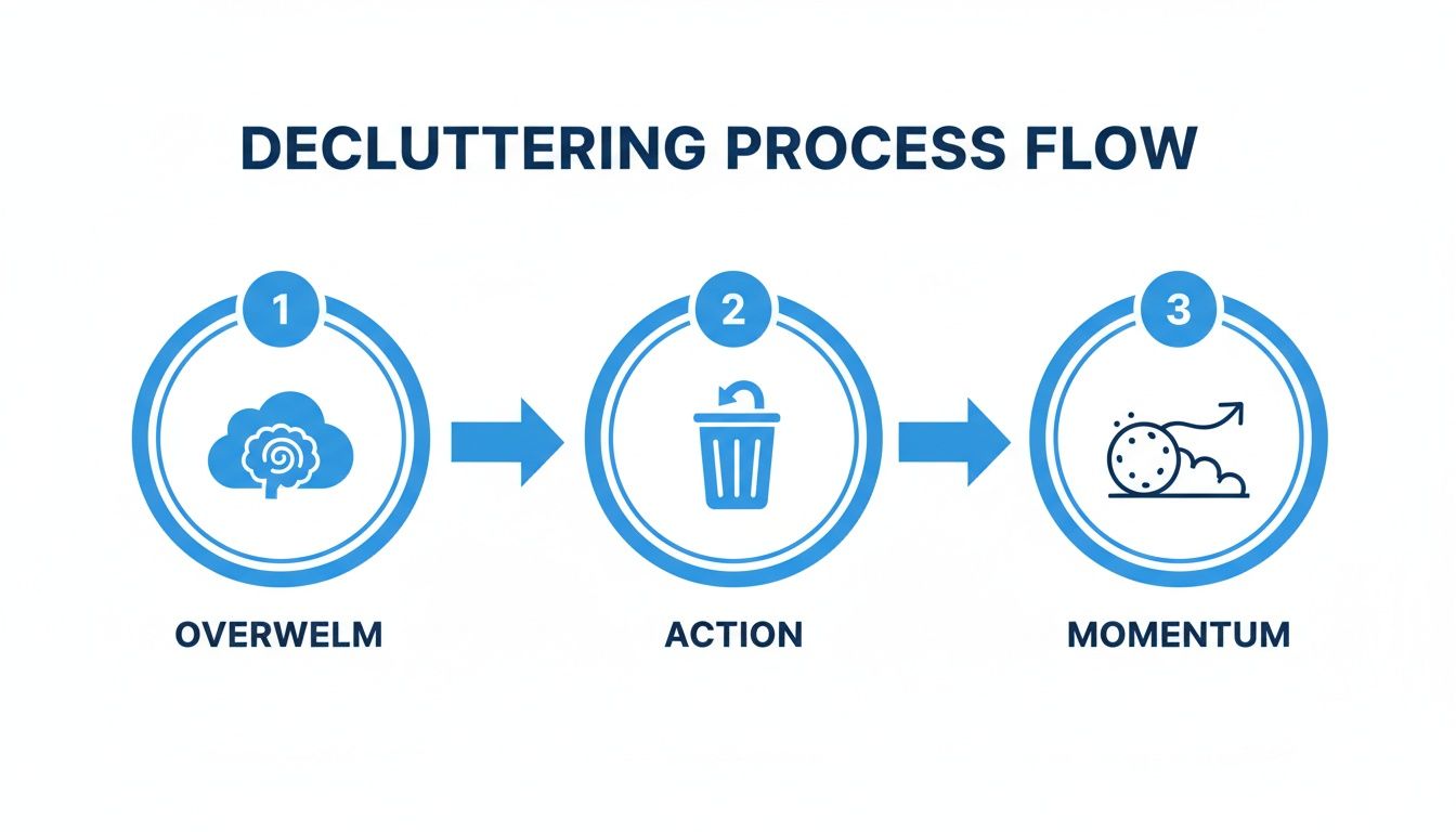 A blue infographic illustrating the three-step decluttering process: Overwhelm, Action, and Momentum.