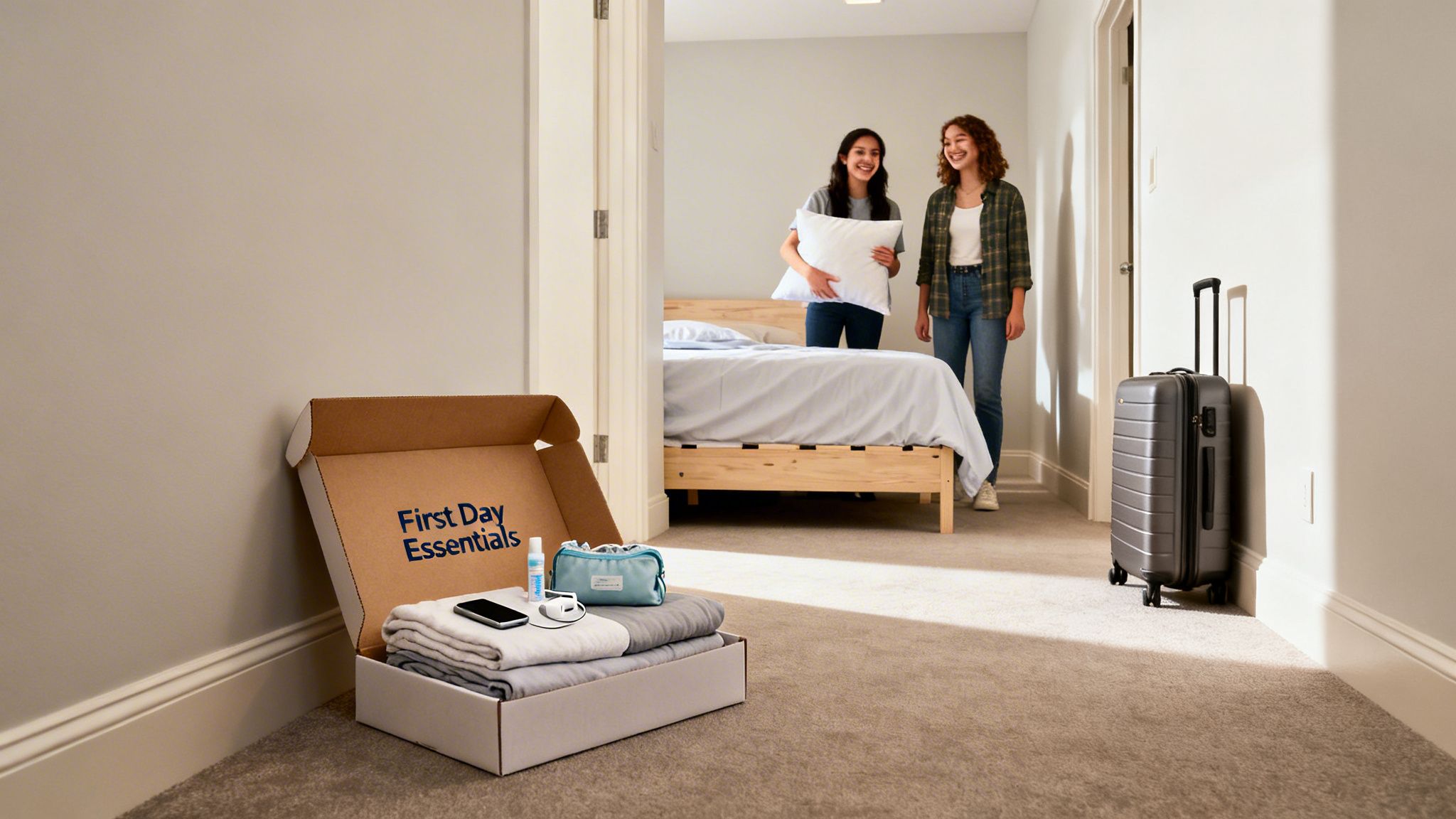Young women unpack essentials and bedding in a bright dorm room, ready for move-in.