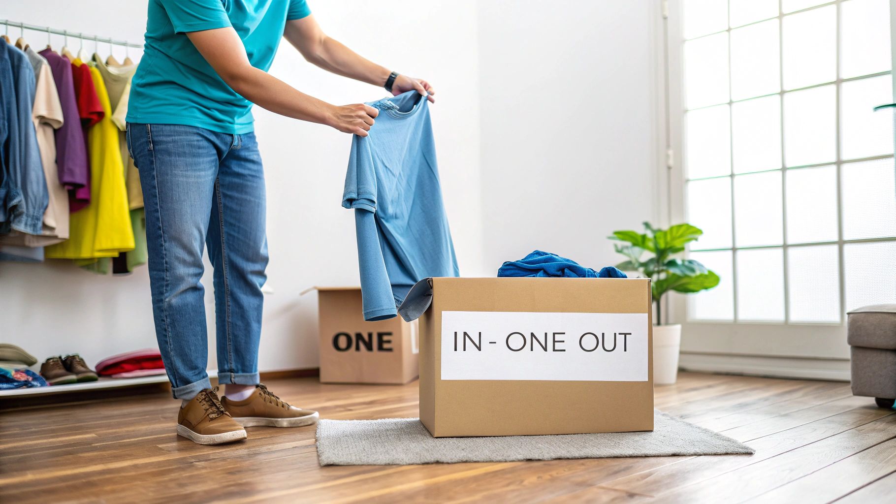A person declutters their wardrobe, placing a blue shirt into a box with the text 'IN - ONE OUT'.