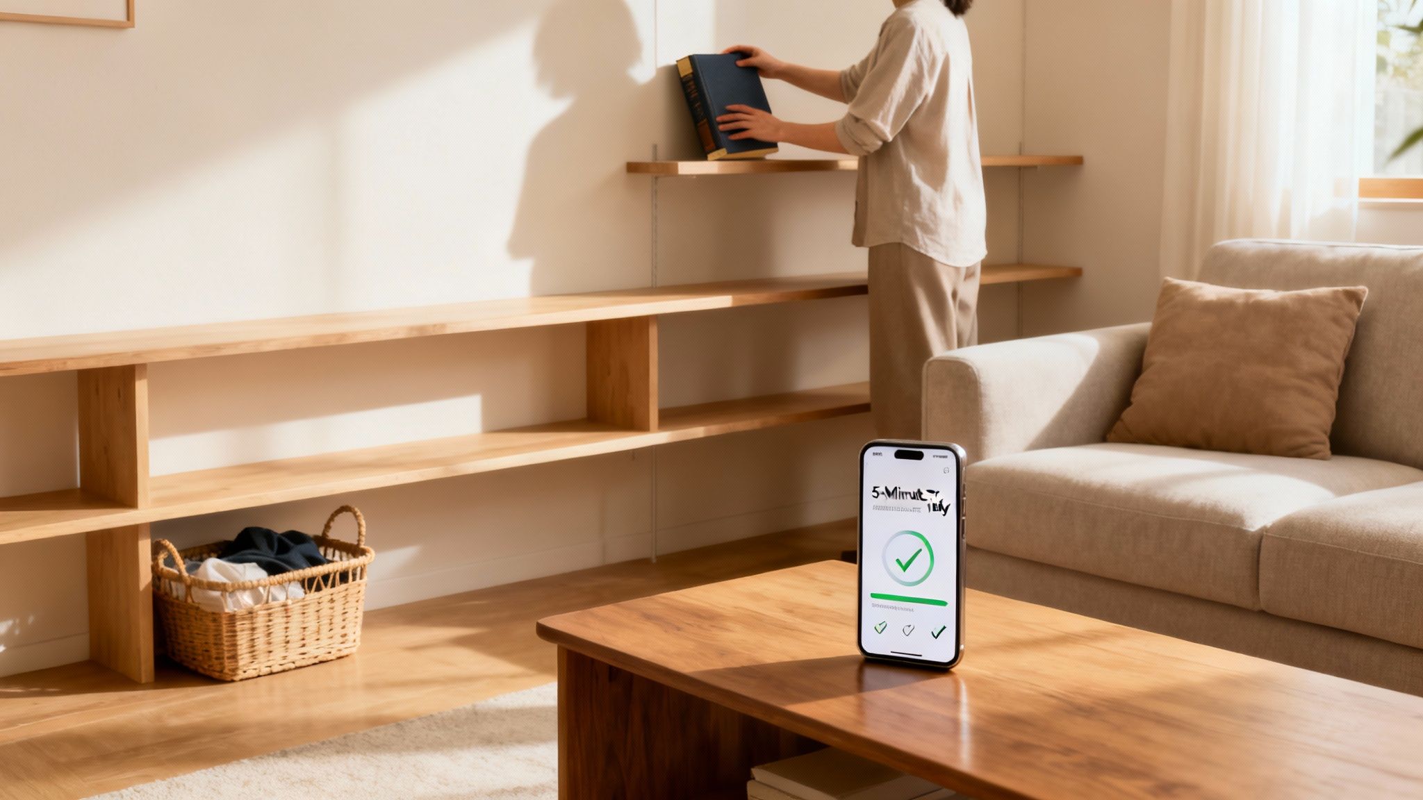 A person organizes books on a minimalist wooden shelf in a tidy living room with a decluttering app on a phone.