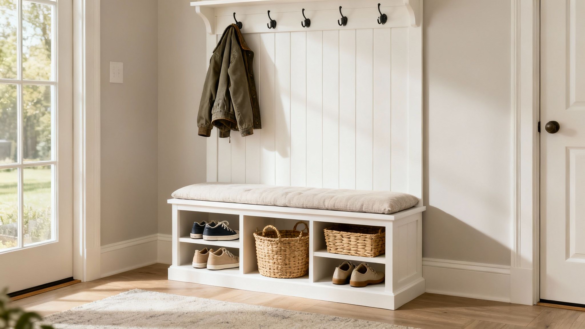A stylish white entryway organizer featuring a bench with cushion, coat hooks, and shoe cubbies.