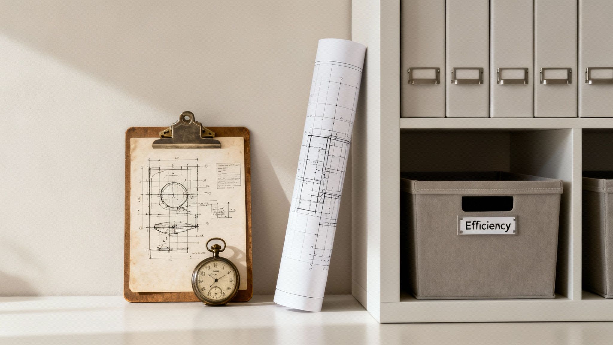 A desk with blueprints, a pocket watch, a rolled plan, and an 'Efficiency' labeled box.