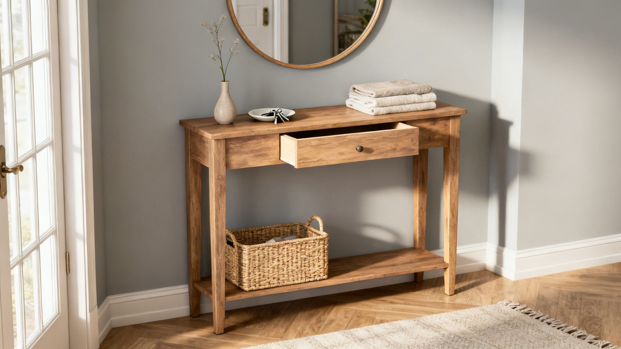 A stylish wooden console table in a modern entryway, featuring a mirror, vase, keys, towels, and a storage basket.
