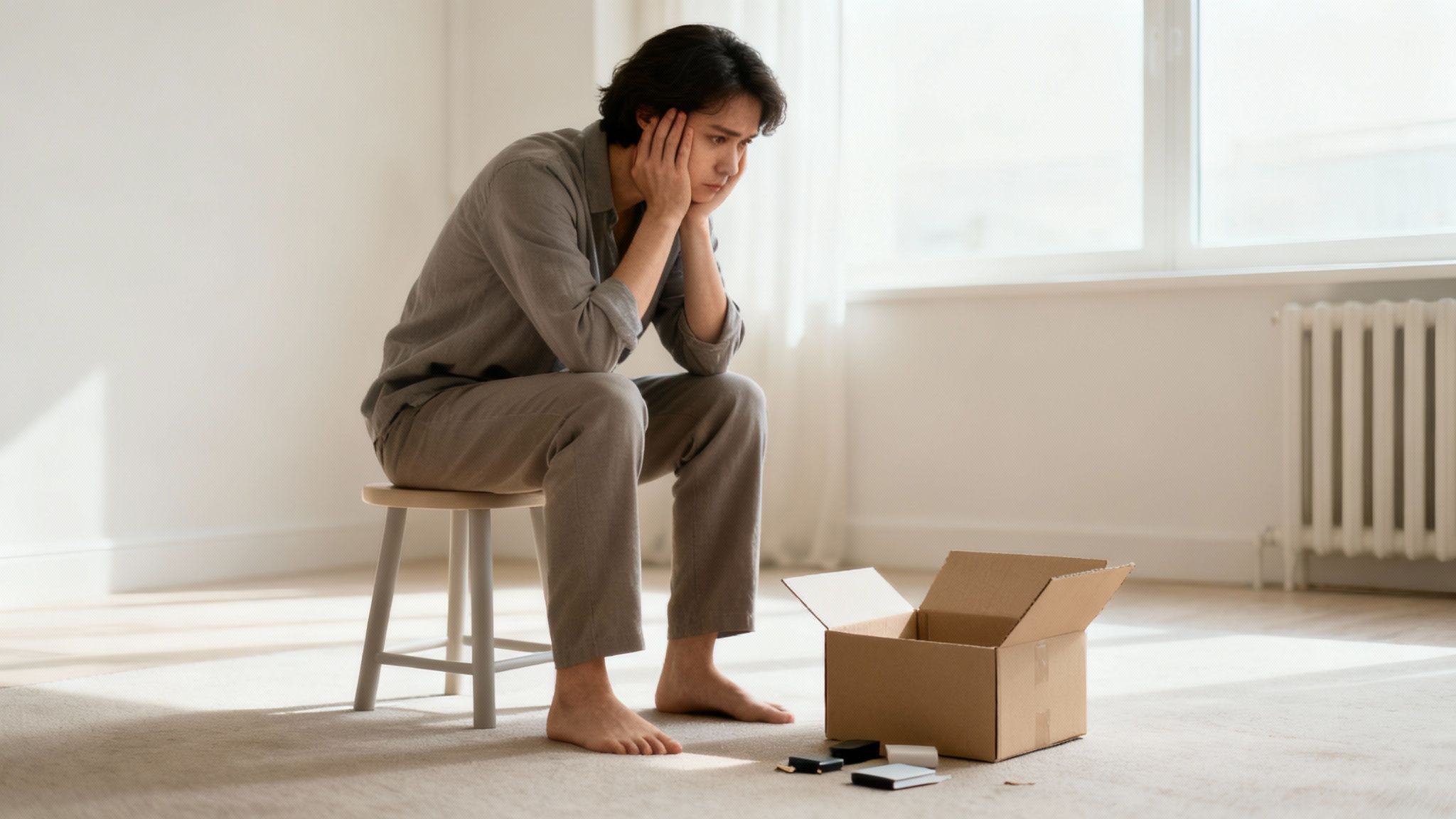 A pensive Asian man sits on a stool in a stark room with an open moving box, looking distressed.
