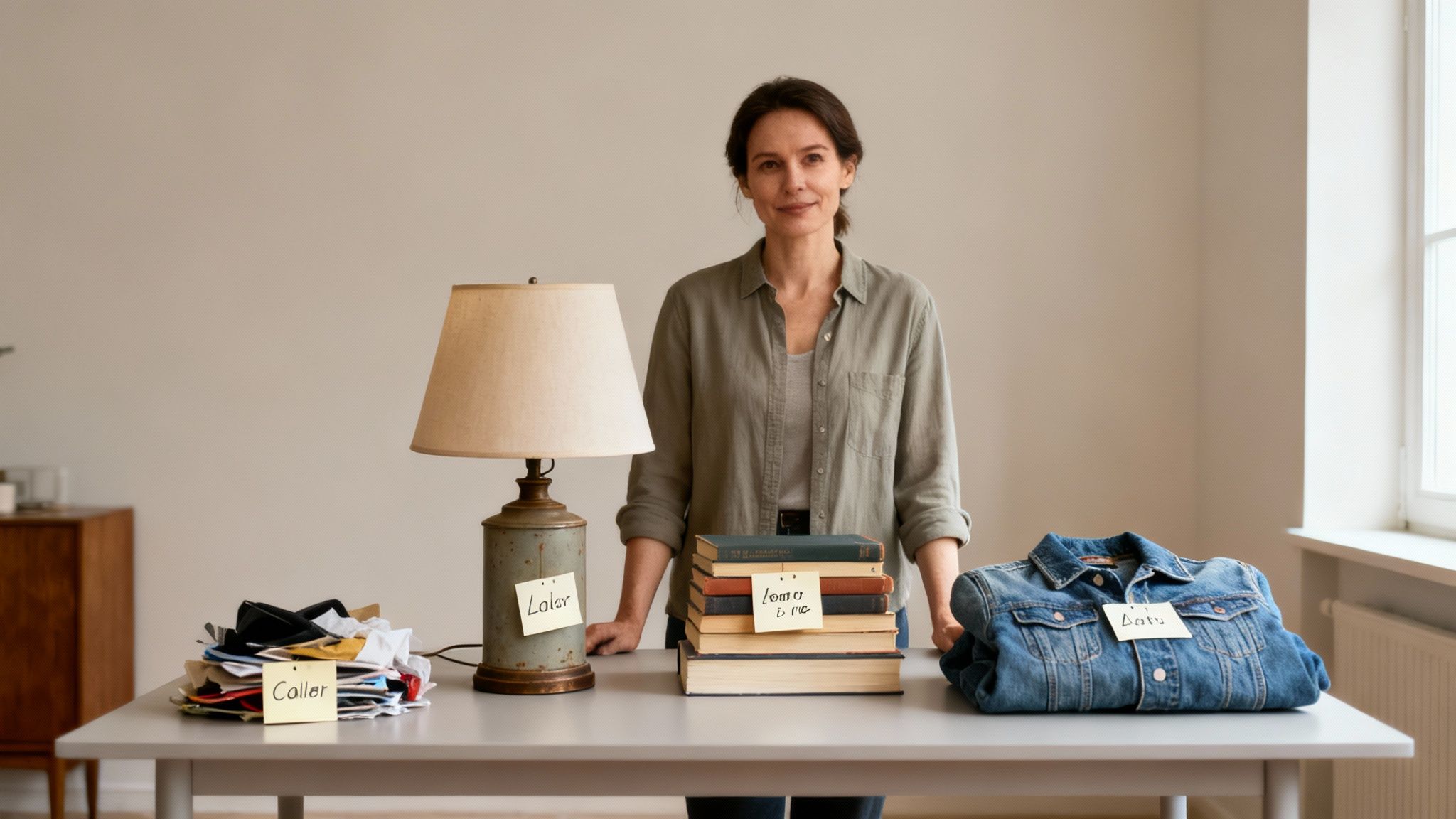 A woman stands behind a table organizing household items with sticky notes, including papers, a lamp, books, and a denim jacket.
