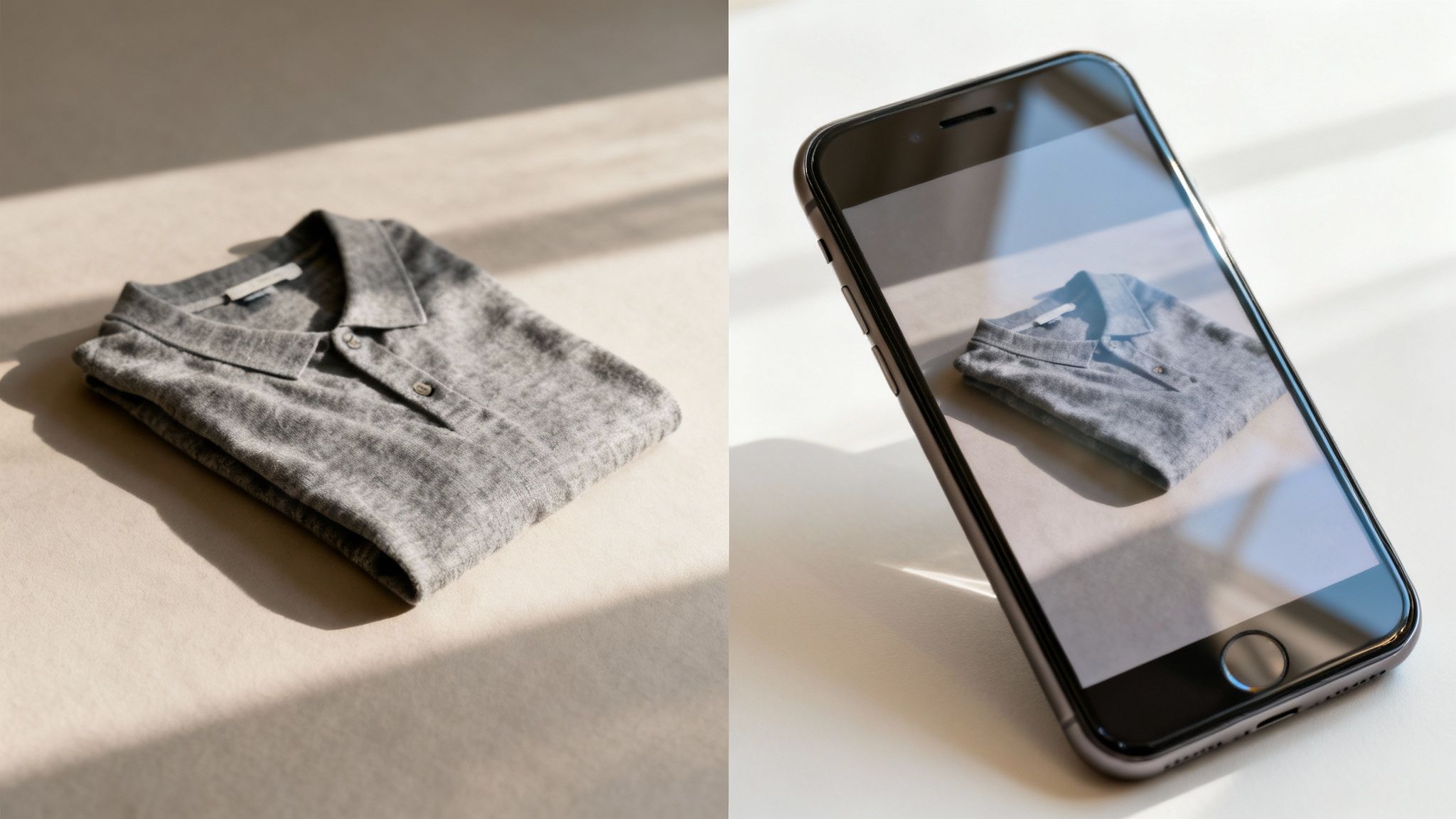 A folded grey polo shirt on a table next to a smartphone displaying its photo.