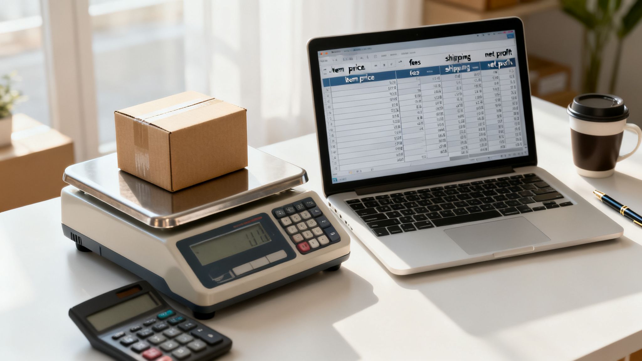 A desk setup for e-commerce, featuring a laptop with a spreadsheet, a shipping scale with a box, and a calculator.