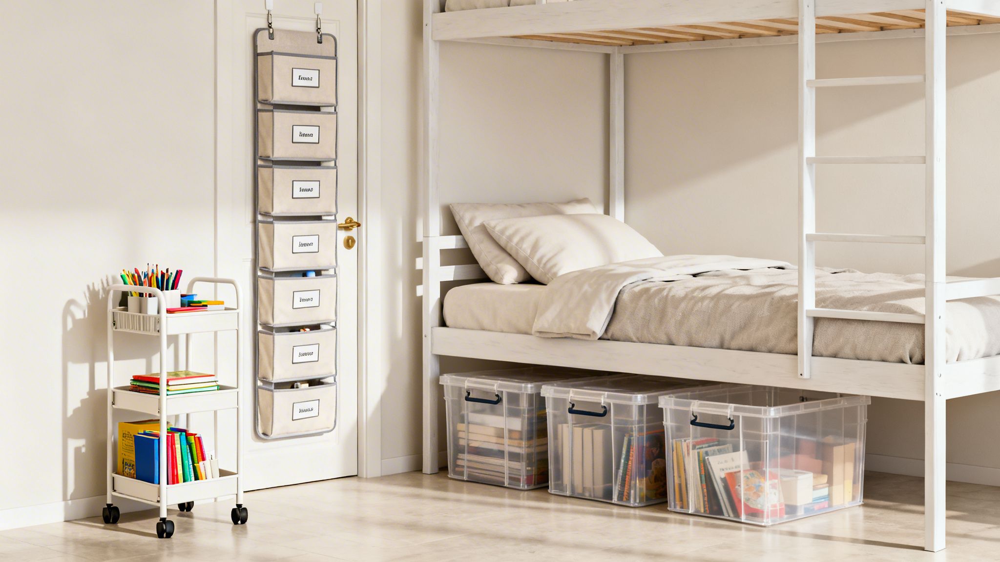 A tidy dorm room with a bunk bed, a rolling cart, and a hanging door organizer.