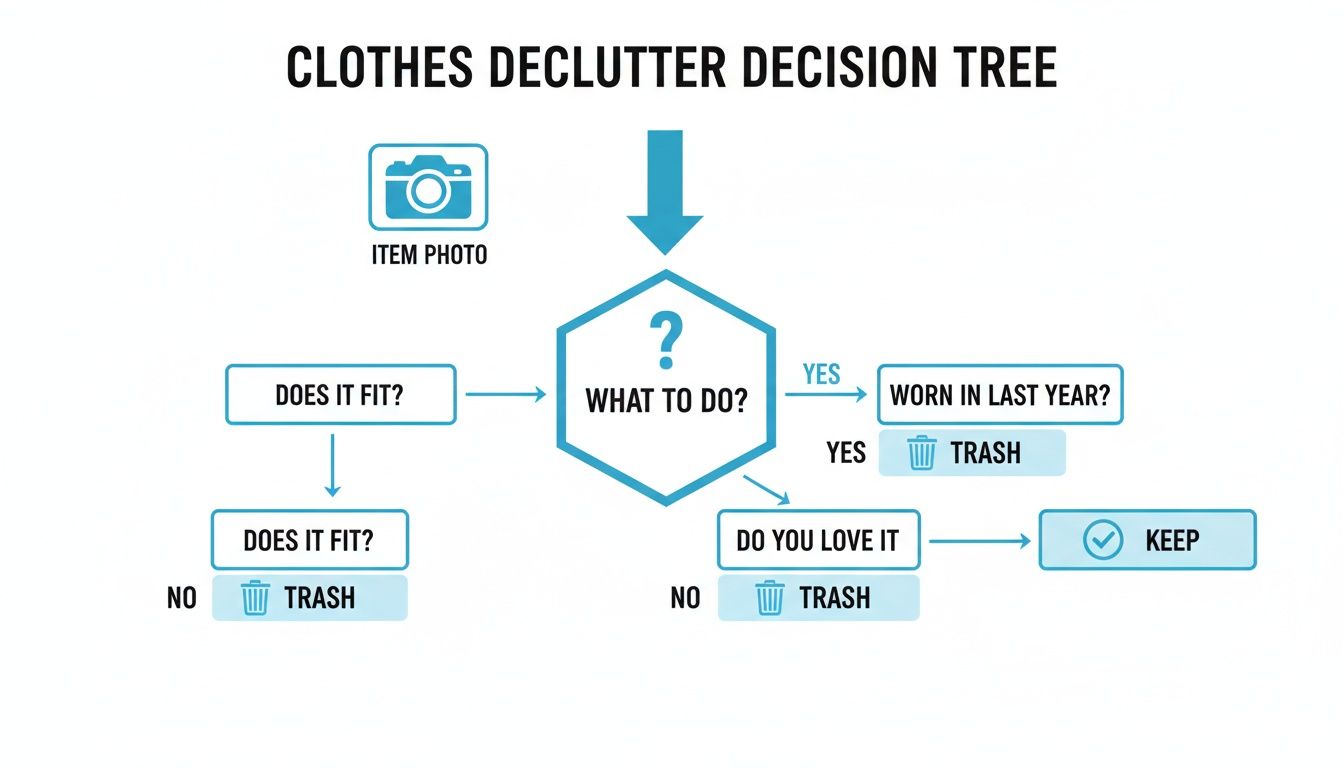 A clothes declutter decision tree flowchart showing steps to decide whether to keep or trash items.