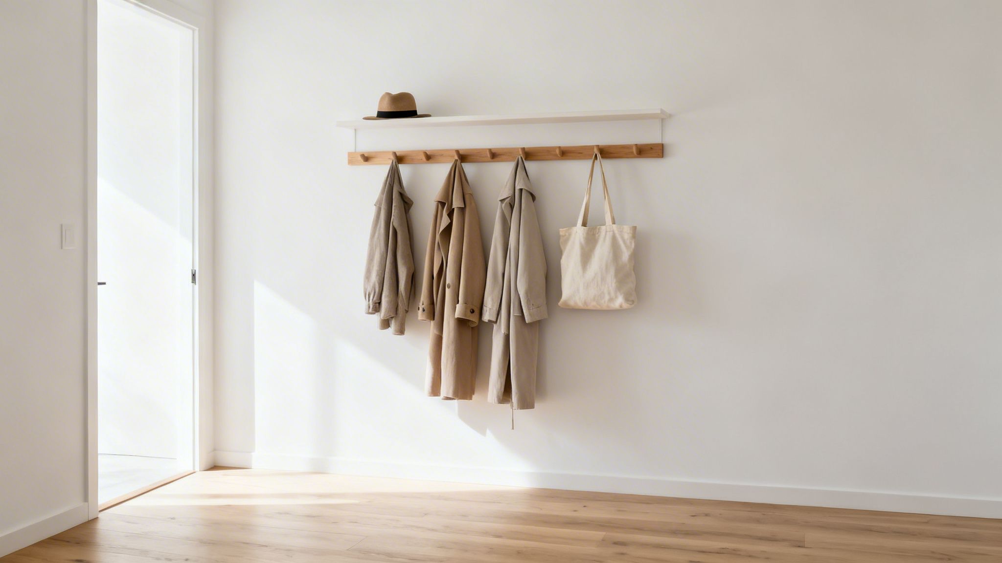 An organized entryway features a wooden coat rack with light-colored coats, a hat, and a canvas tote bag.