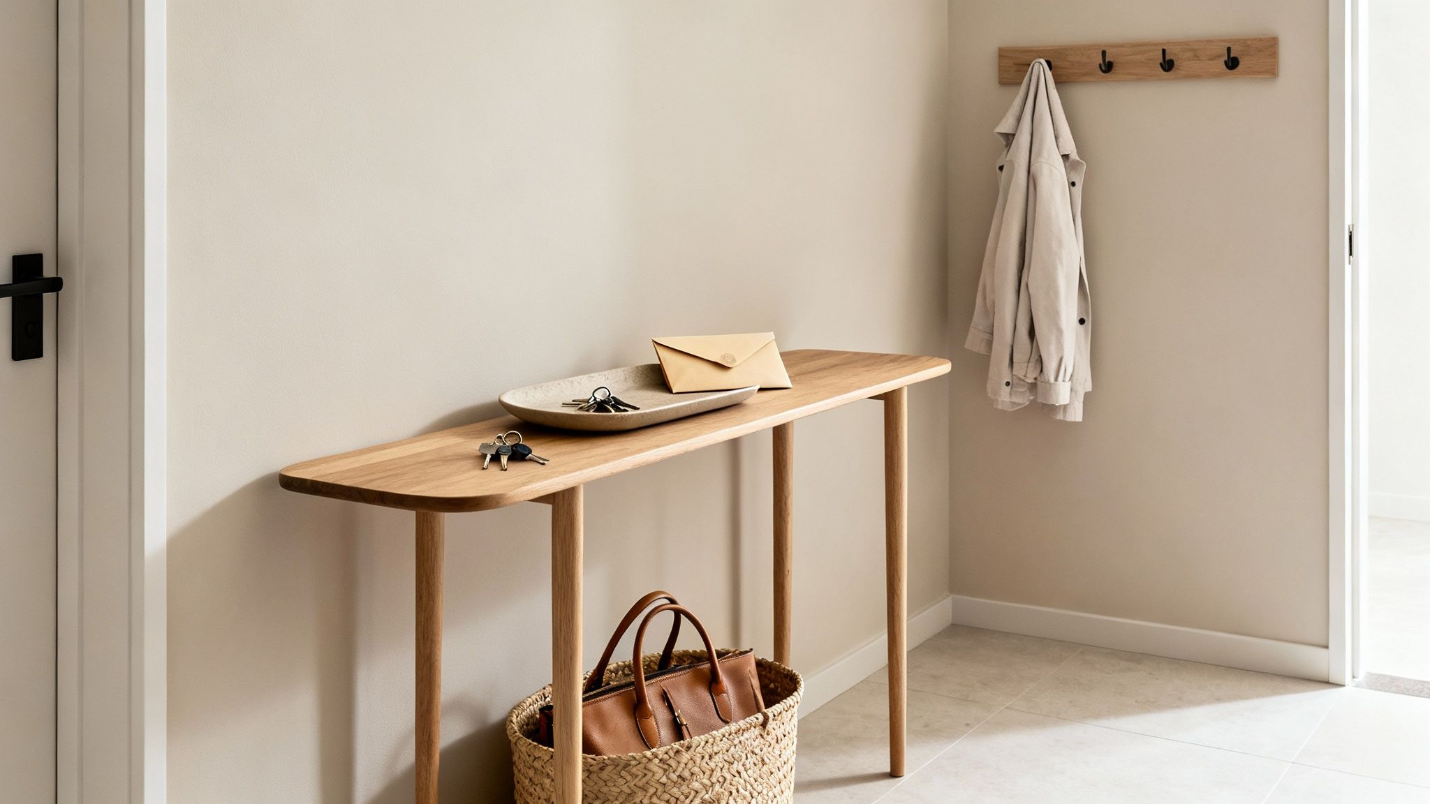 A minimalist entryway featuring a wooden console table, coat rack, and a woven basket.