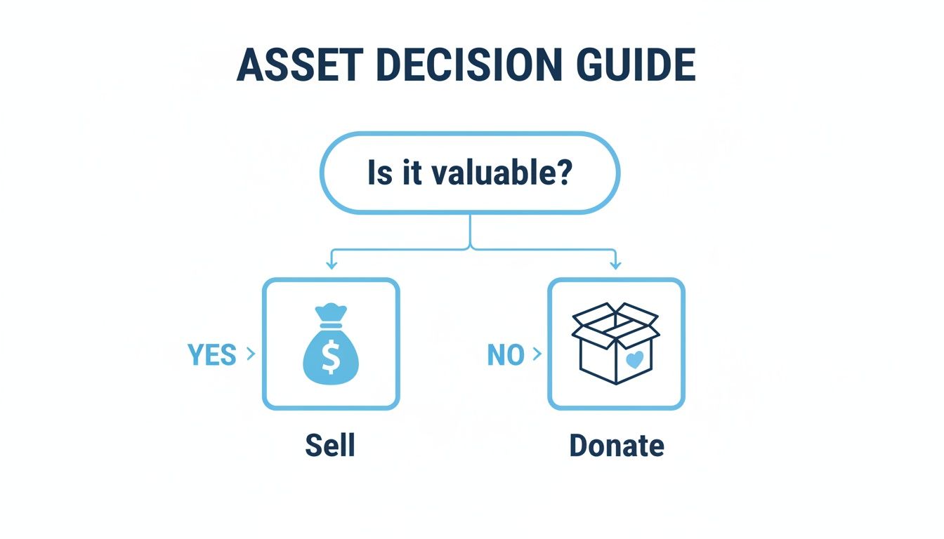 A flowchart titled 'Asset Decision Guide' showing to sell valuable items and donate non-valuable ones.