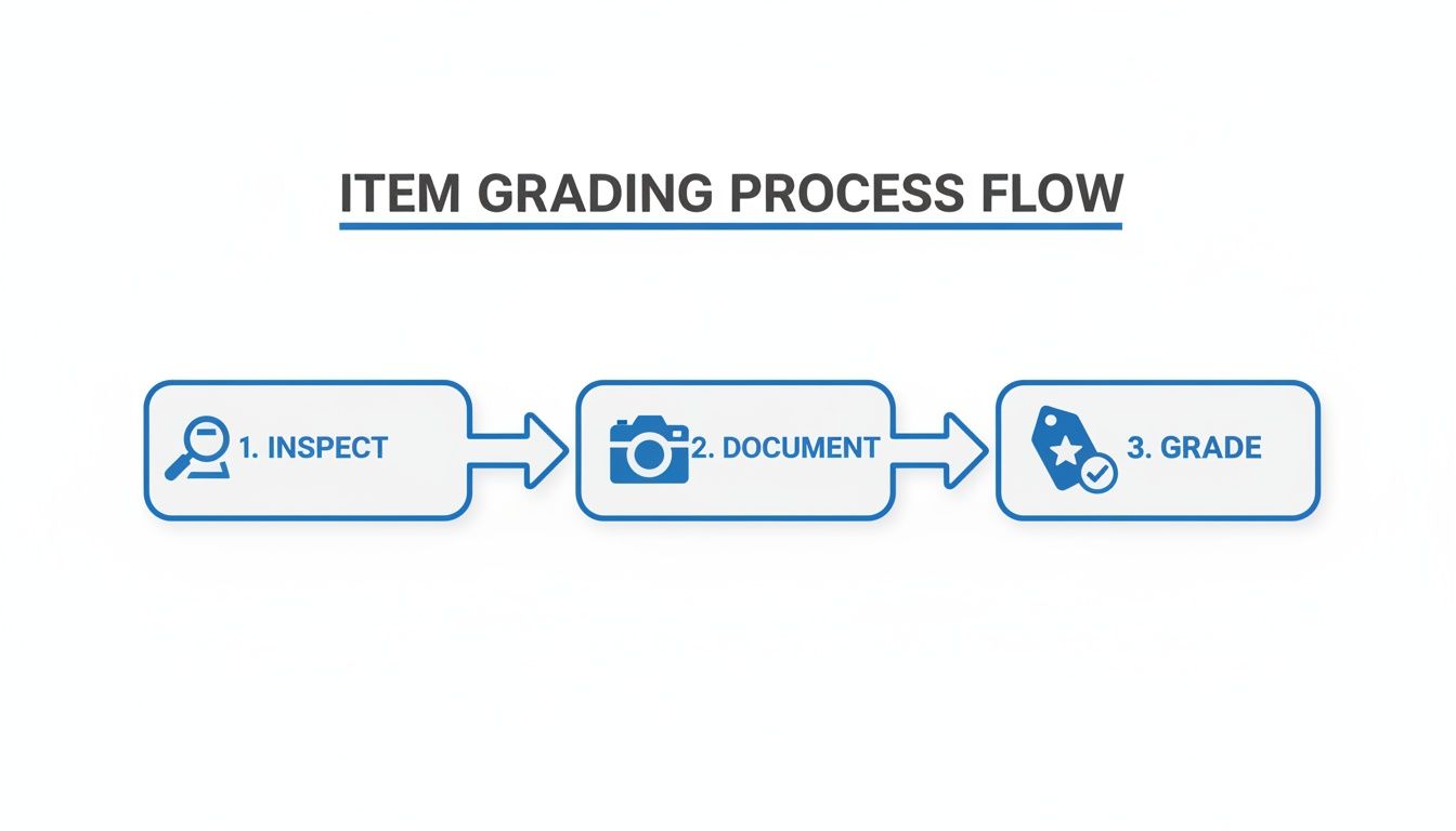 Flowchart illustrating the 3-step item grading process: inspect, document, and grade, with icons.