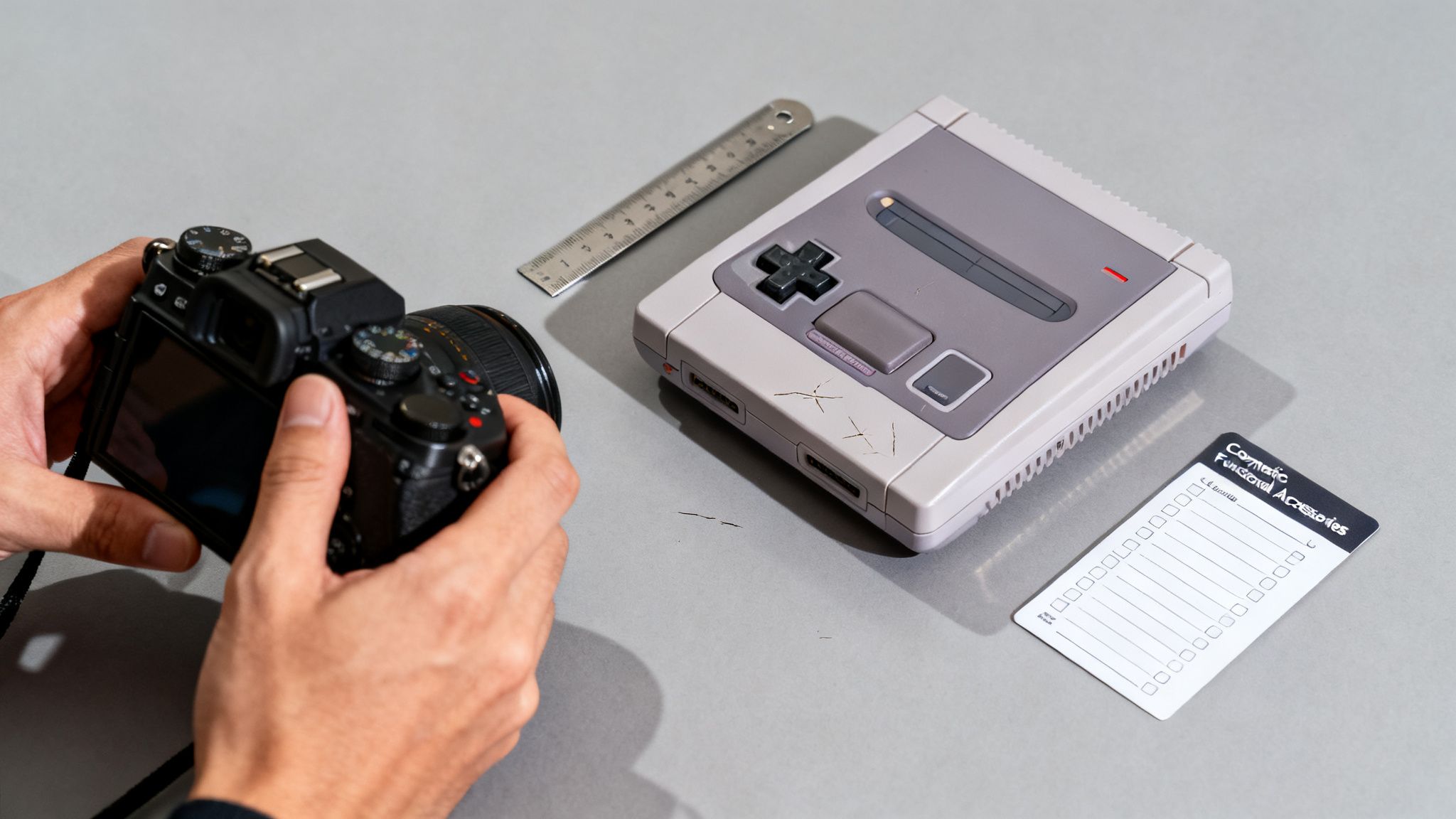 A person holds a black camera next to a vintage Super Nintendo console, ruler, and checklist on a gray table.