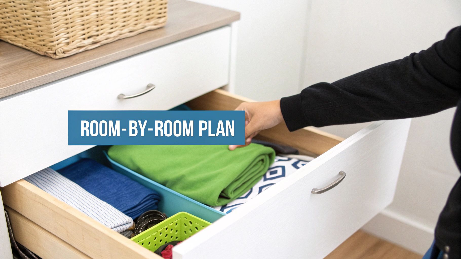 A hand organizes neatly folded clothes and fabric in a dresser drawer with bins.