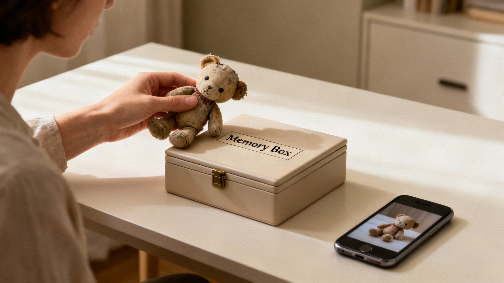 Woman's hand holds an old teddy bear over a 'Memory Box' on a table, with a phone showing a teddy bear photo.