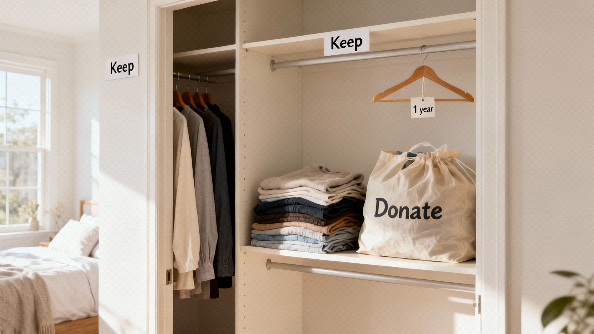 A brightly lit closet with organized clothes, folded items, a 'Donate' bag, and 'Keep' labels.